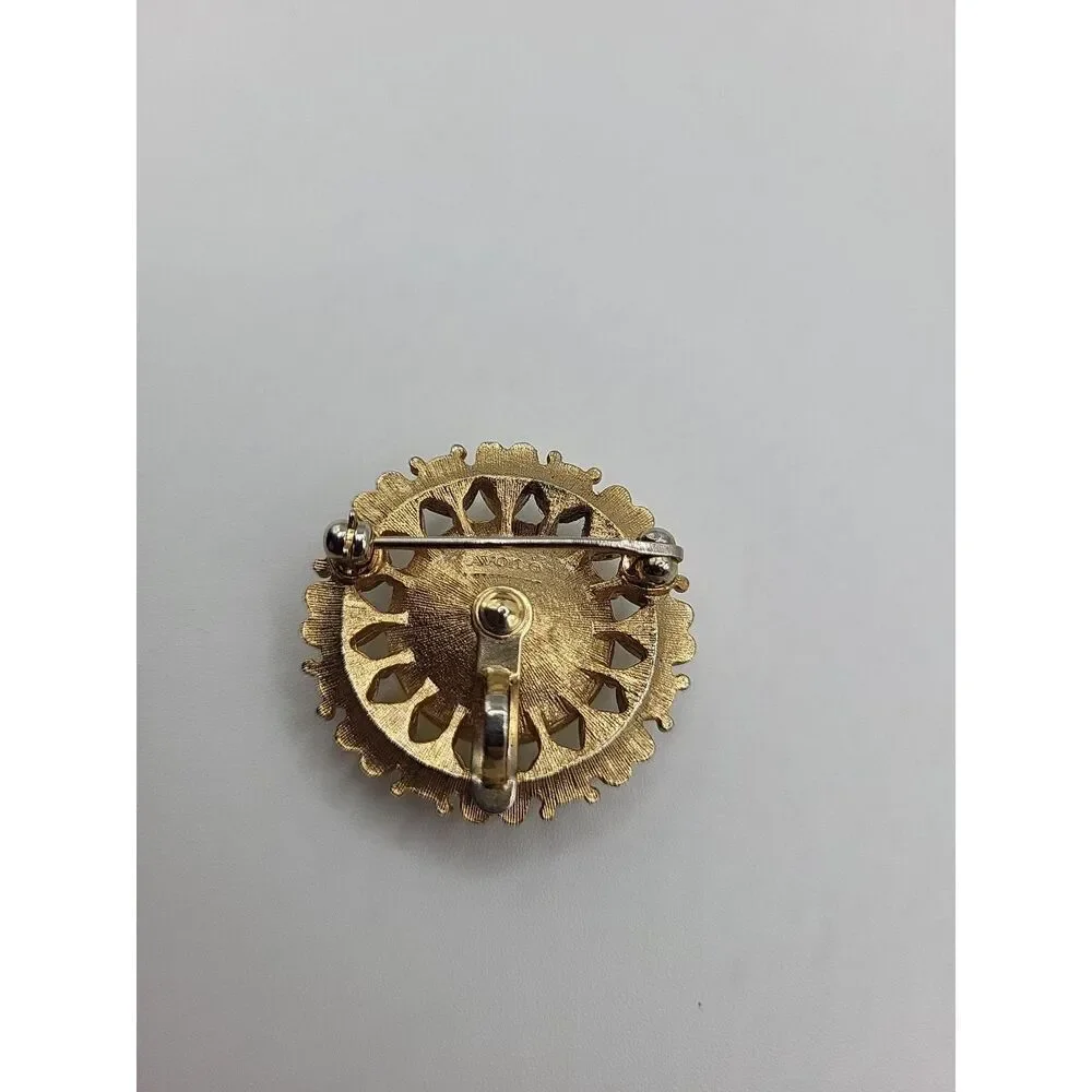 Avon Sun Brilliants Citrine Heart Green Gold Tone Round Brooch Pin Pendan 1in